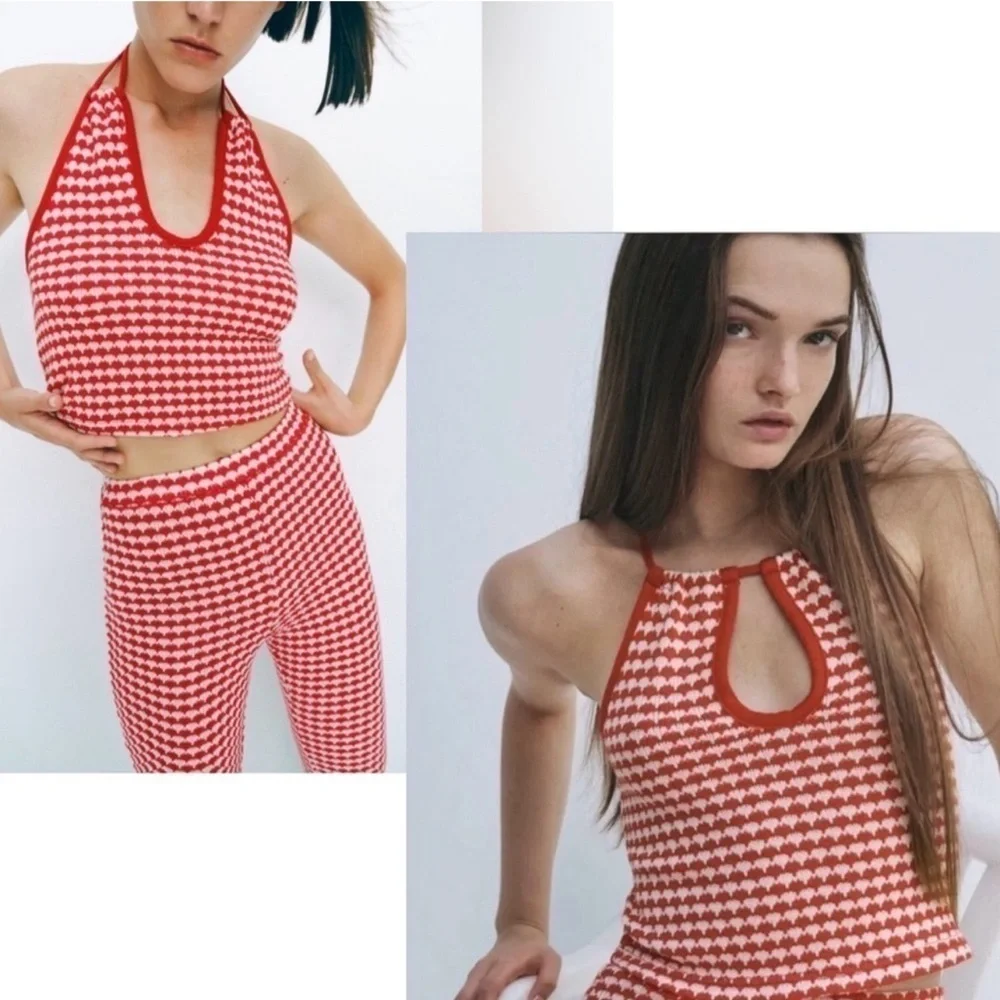 Zara red white knit cropped peep hole halter top flare pants set NWOT stretchy🔥 - Picture 2 of 9
